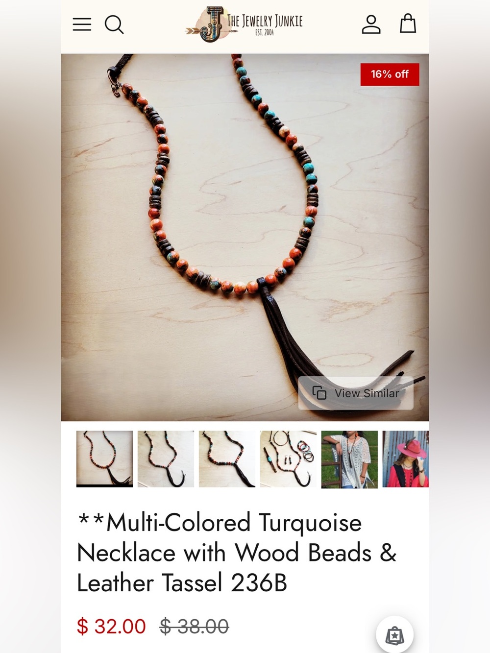 TWO Multi-Colored Turquoise and Wood Bead Necklace with Leather Tassel